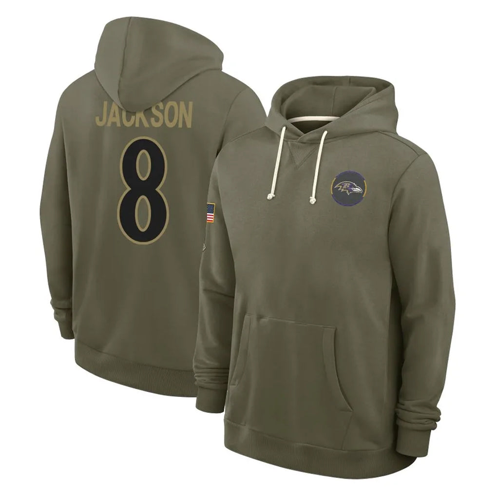 Punc B.Ravens #8 Lamar Jackson Player Olive Salute to Service Hoodie Stitched Jerseys