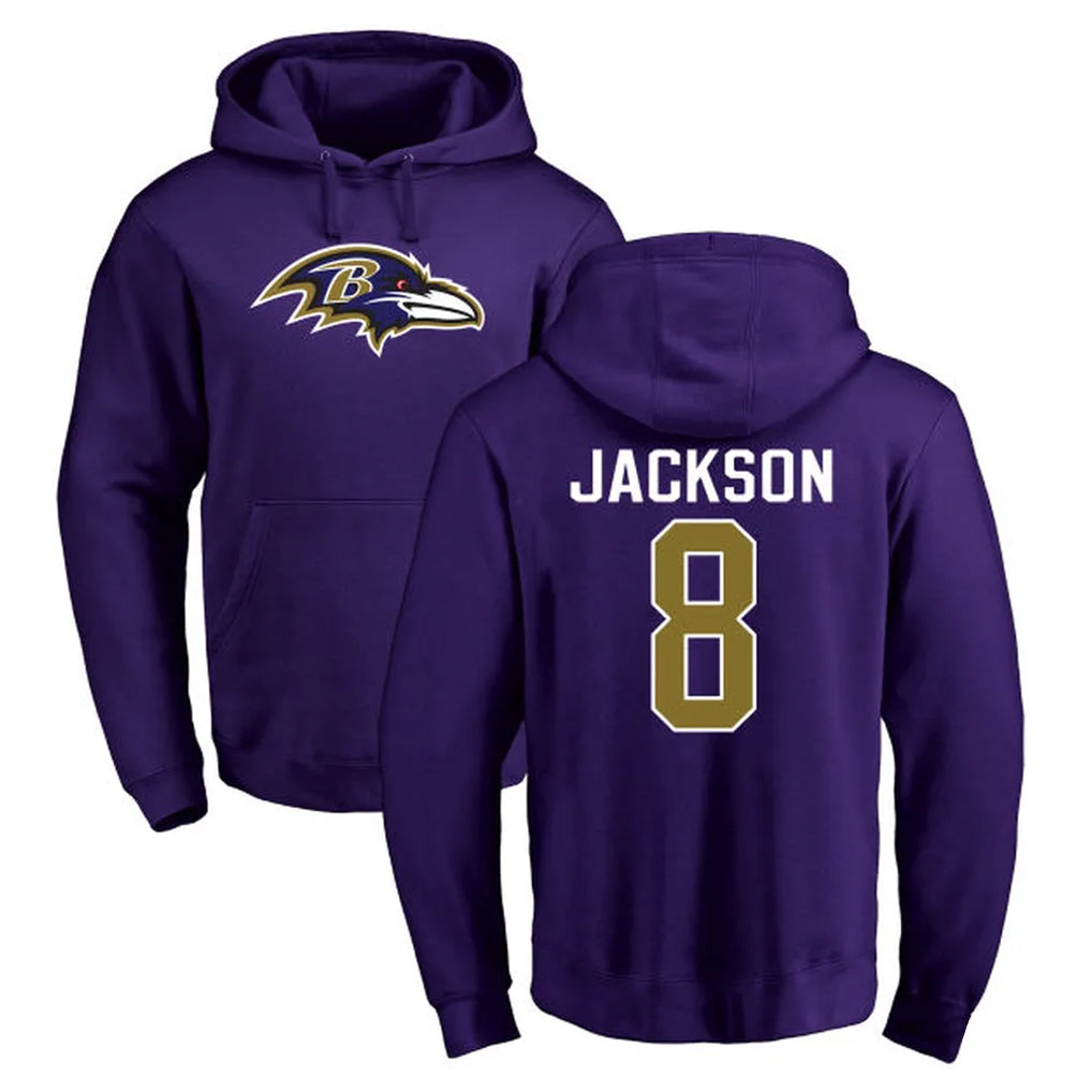 Punc B.Ravens #8 Lamar Jackson Player Purple Salute to Service Pullover Hoodie Stitched Jerseys