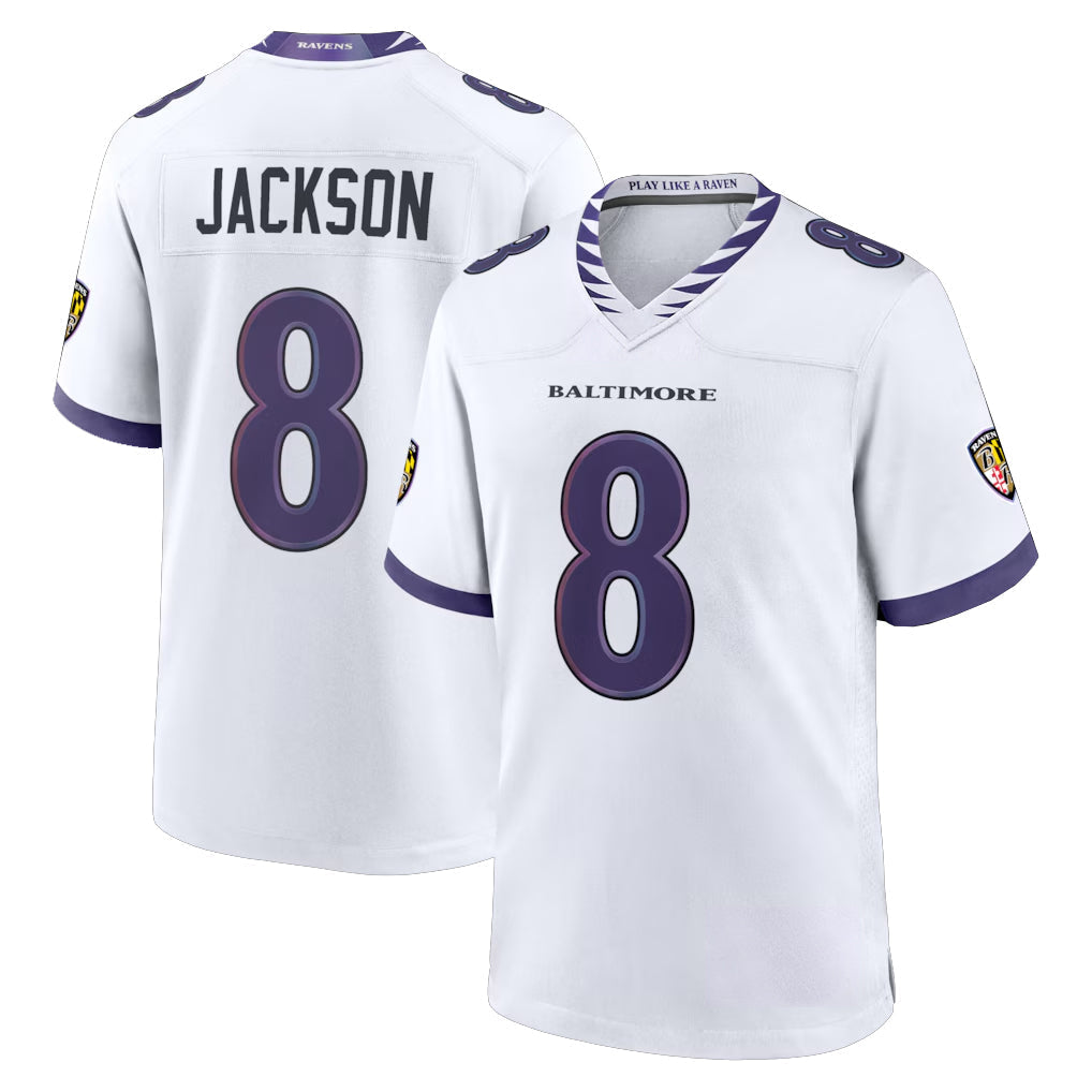 Punc B.Ravens #8 Lamar Jackson Player White Home Game Stitched Jerseys