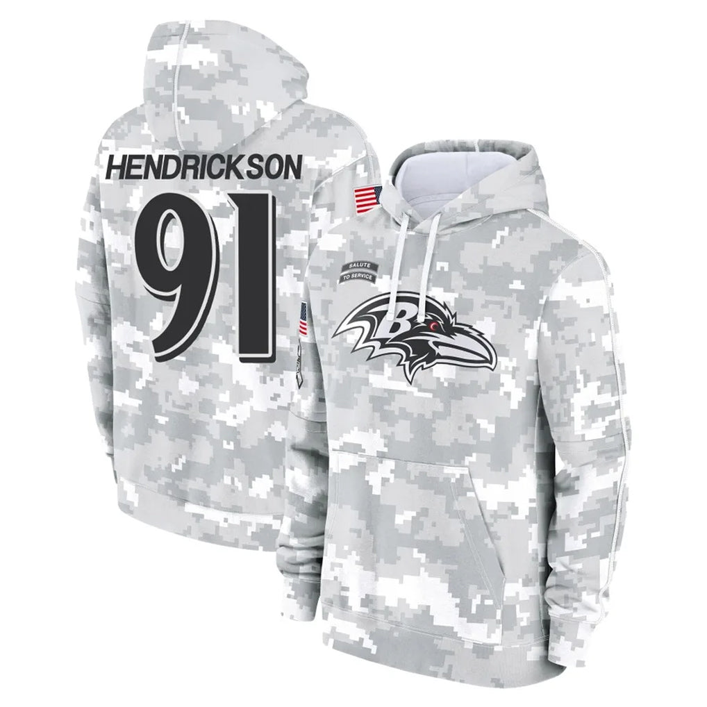 Punc B.Ravens #91 Trey Hendrickson Player Arctic Camo Salute To Service Hoodie Stitched Jerseys