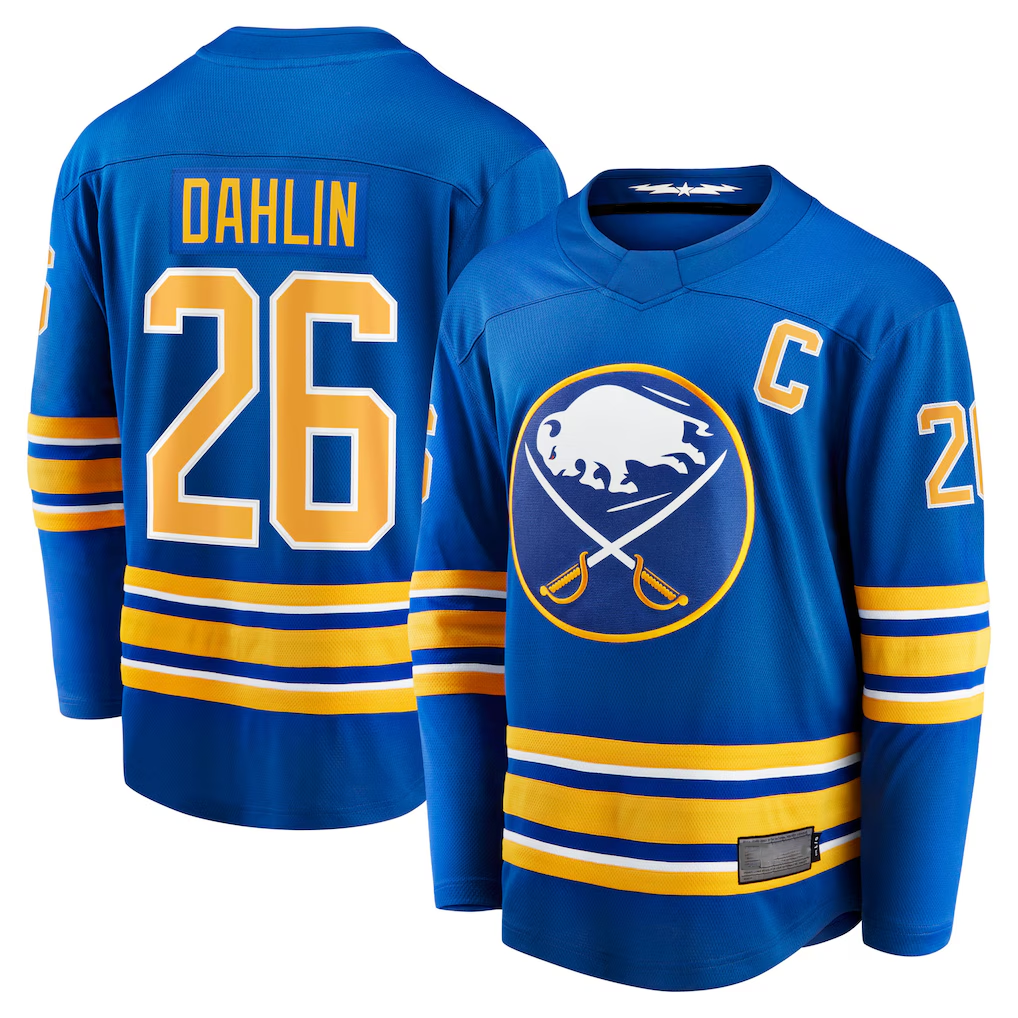 Punc B.Sabres #26 Rasmus Dahlin Royal Home Captain Patch Breakaway Stitched Jerseys