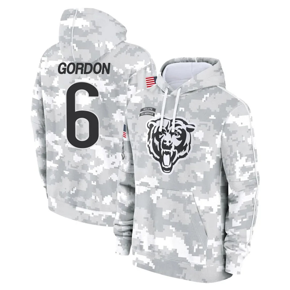 Punc C.Bears #6 Kyler Gordon Player Arctic Camo Salute to Service Pullover Hoodies Limited Stitched Jerseys