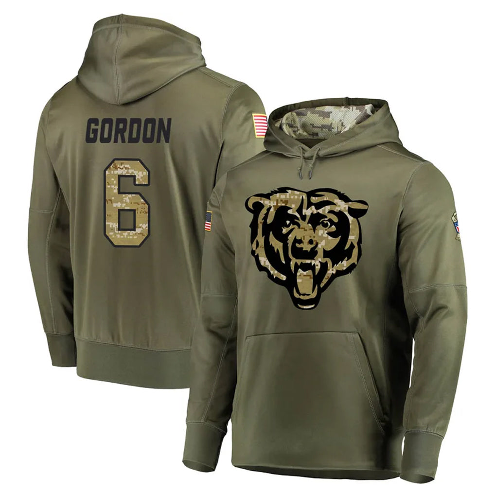 Punc C.Bears #6 Kyler Gordon Player Olive Salute to Service Pullover Hoodies Home Game Stitched Jerseys