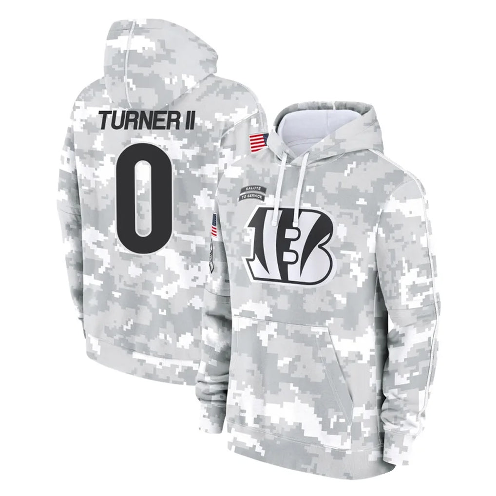 Punc C.Bengals #0 DJ Turner II Player Arctic Camo Salute to Service Pullover Hoodie Limited Stitched Jerseys