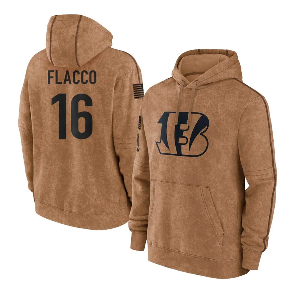 Punc C.Bengals #16 Joe Flacco Player Brown Salute to Service Pullover Hoodie Limited Stitched Jerseys