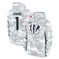 Punc C.Bengals #1 Ja'Marr Chase Player Arctic Camo Salute to Service Pullover Hoodie Limited Stitched Jerseys