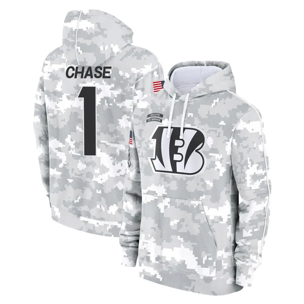 Punc C.Bengals #1 Ja'Marr Chase Player Arctic Camo Salute to Service Pullover Hoodie Limited Stitched Jerseys