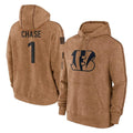 Punc C.Bengals #1 Ja'Marr Chase Player Brown Salute to Service Pullover Hoodie Limited Stitched Jerseys