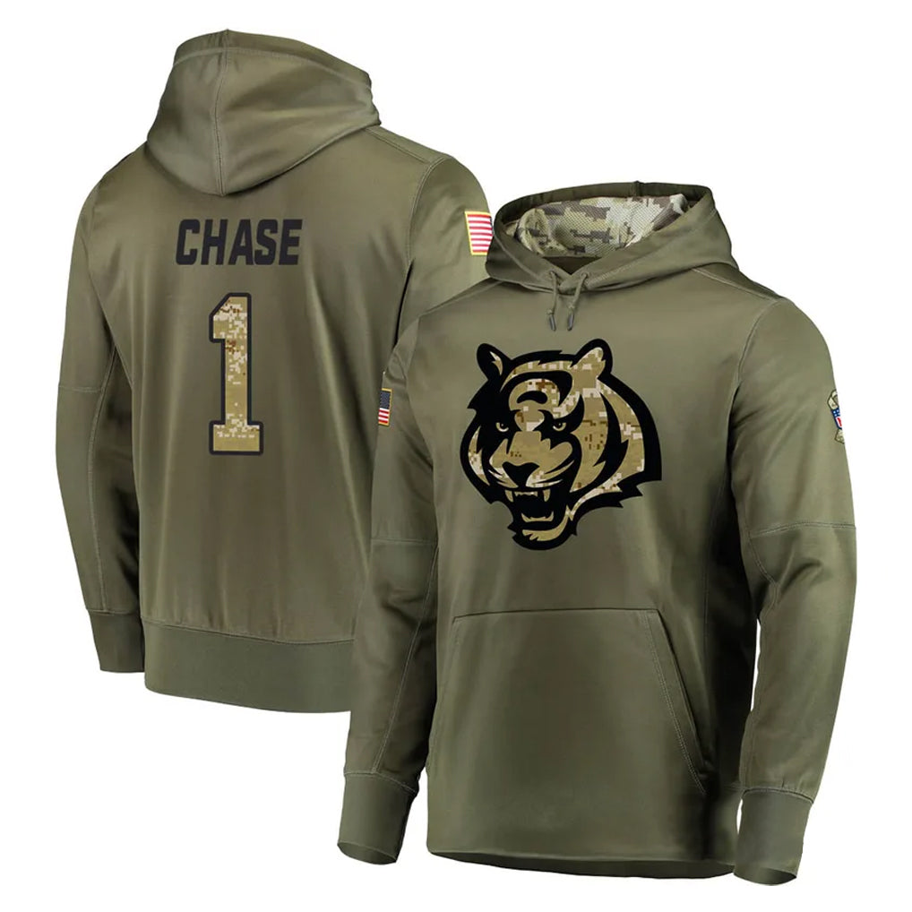 Punc C.Bengals #1 Ja'Marr Chase Player Olive Salute to Service Pullover Hoodies Home Game Stitched Jerseys
