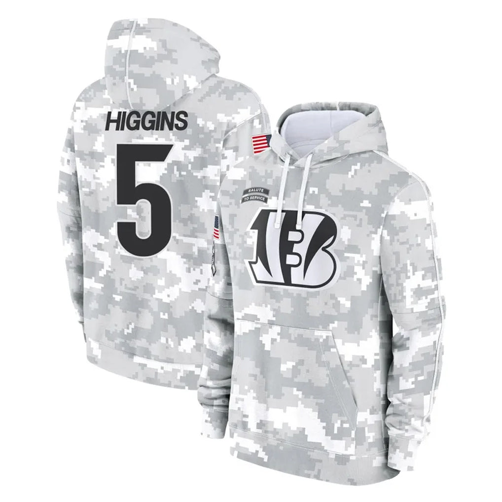 Punc C.Bengals #5 Tee Higgins Player Arctic Camo Salute to Service Pullover Hoodie Limited Stitched Jerseys