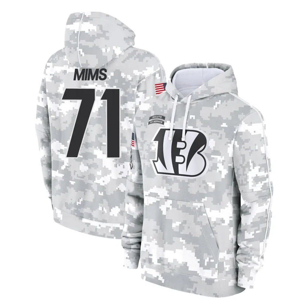Punc C.Bengals #71 Amarius Mims Player Arctic Camo Salute to Service Pullover Hoodie Limited Stitched Jerseys