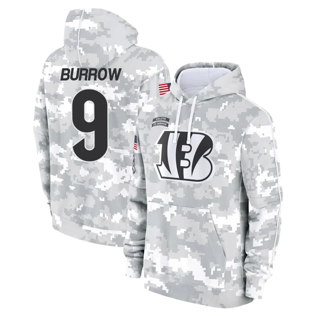 Punc C.Bengals #9 Joe Burrow Player Arctic Camo Salute to Service Pullover Hoodie Stitched Jerseys