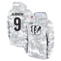 Punc C.Bengals #9 Joe Burrow Player Arctic Camo Salute to Service Pullover Hoodie Stitched Jerseys