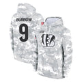 Punc C.Bengals #9 Joe Burrow Player Arctic Camo Salute to Service Pullover Hoodie Limited Stitched Jerseys