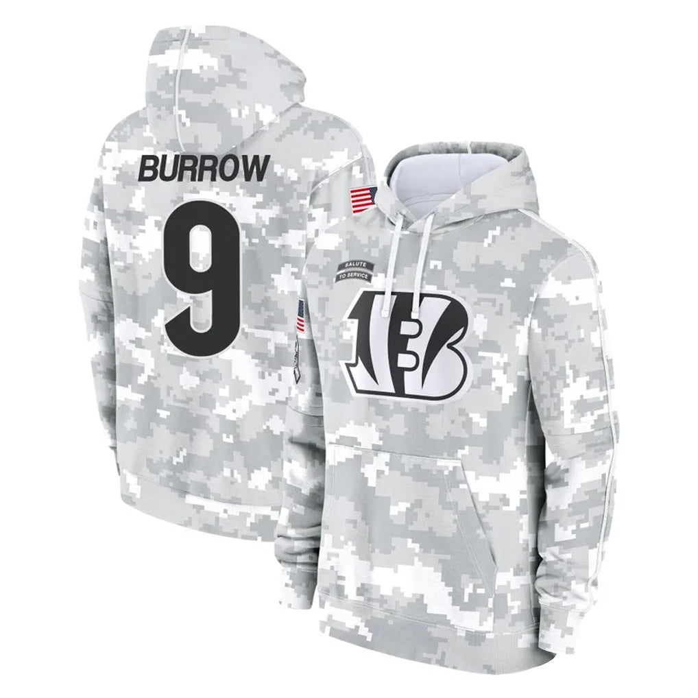 Punc C.Bengals #9 Joe Burrow Player Arctic Camo Salute to Service Pullover Hoodie Limited Stitched Jerseys