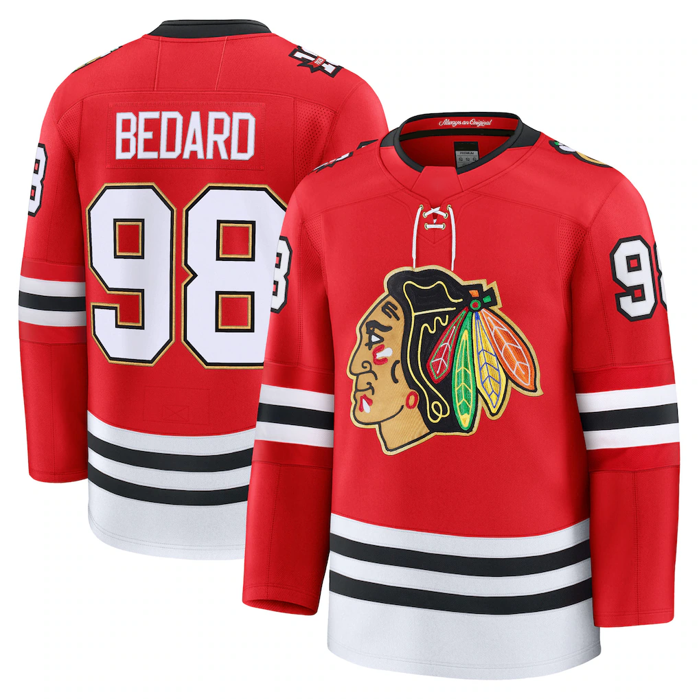 Punc C.Blackhawks #98 Connor Bedard Red Centennial Premium Player Jerseys
