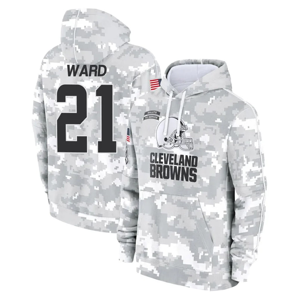 Punc C.Browns #21 Denzel Ward Player Arctic Camo Salute to Service Hoodies Limited Game Stitched Jerseys