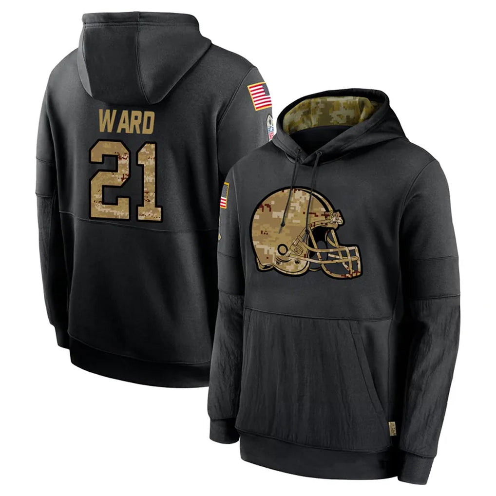 Punc C.Browns #21 Denzel Ward Player Black Salute to Service Pullover Hoodies Limited Stitched Jerseys