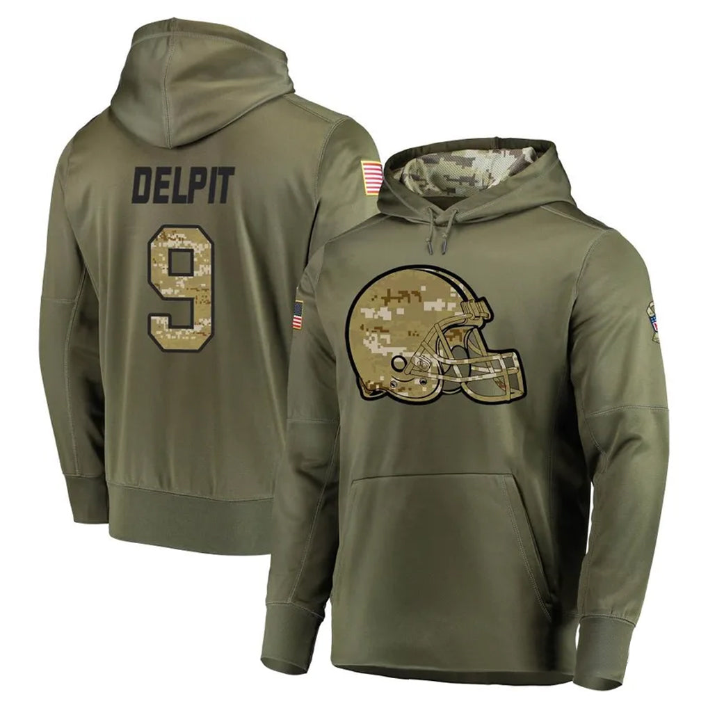 Punc C.Browns #9 Grant Delpit Player Olive Salute to Service Pullover Hoodies Home Game Stitched Jerseys
