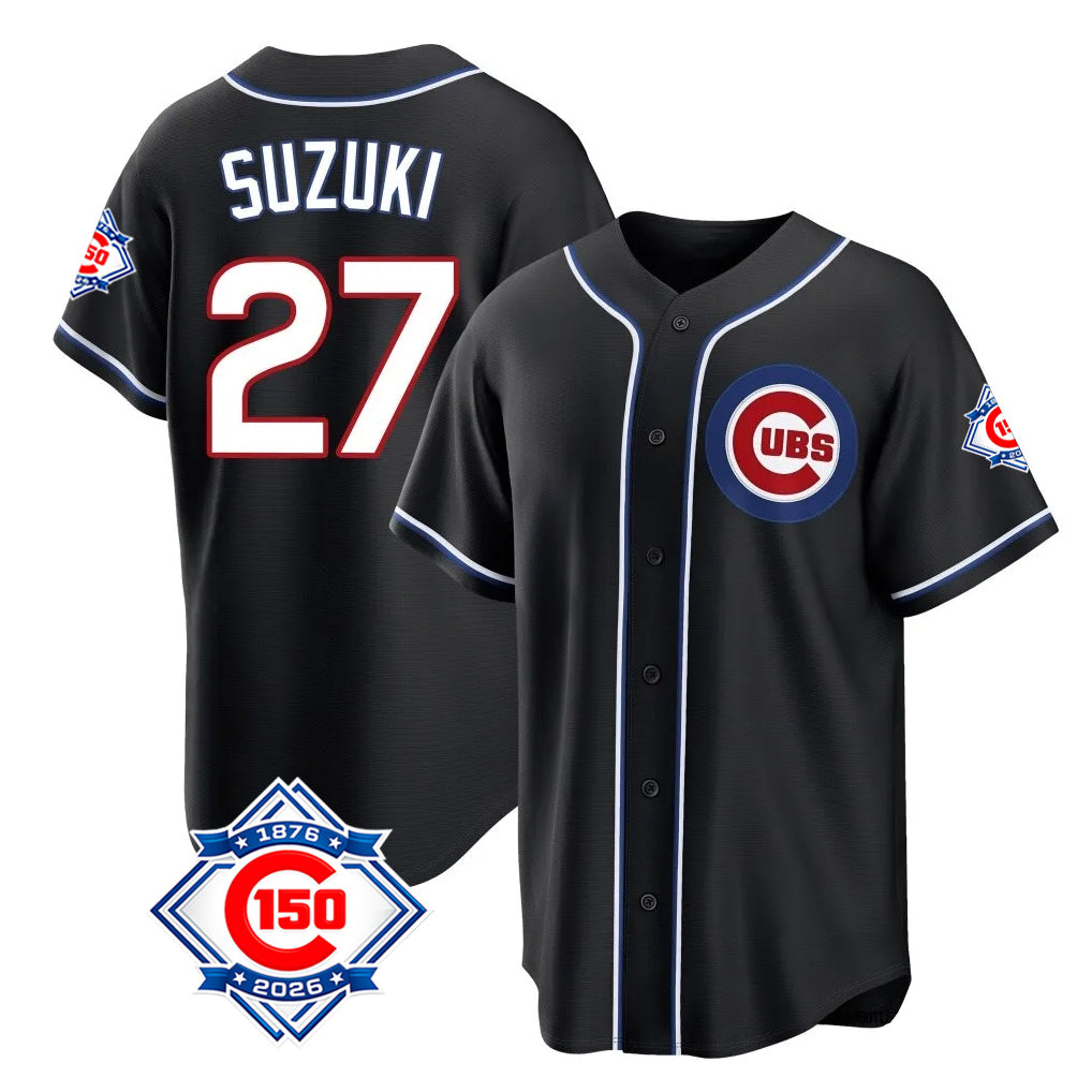 Punc C.Cubs #27 Seiya Suzuki Player Black Fashion Out 150th Anniversary Game Stitched Jerseys