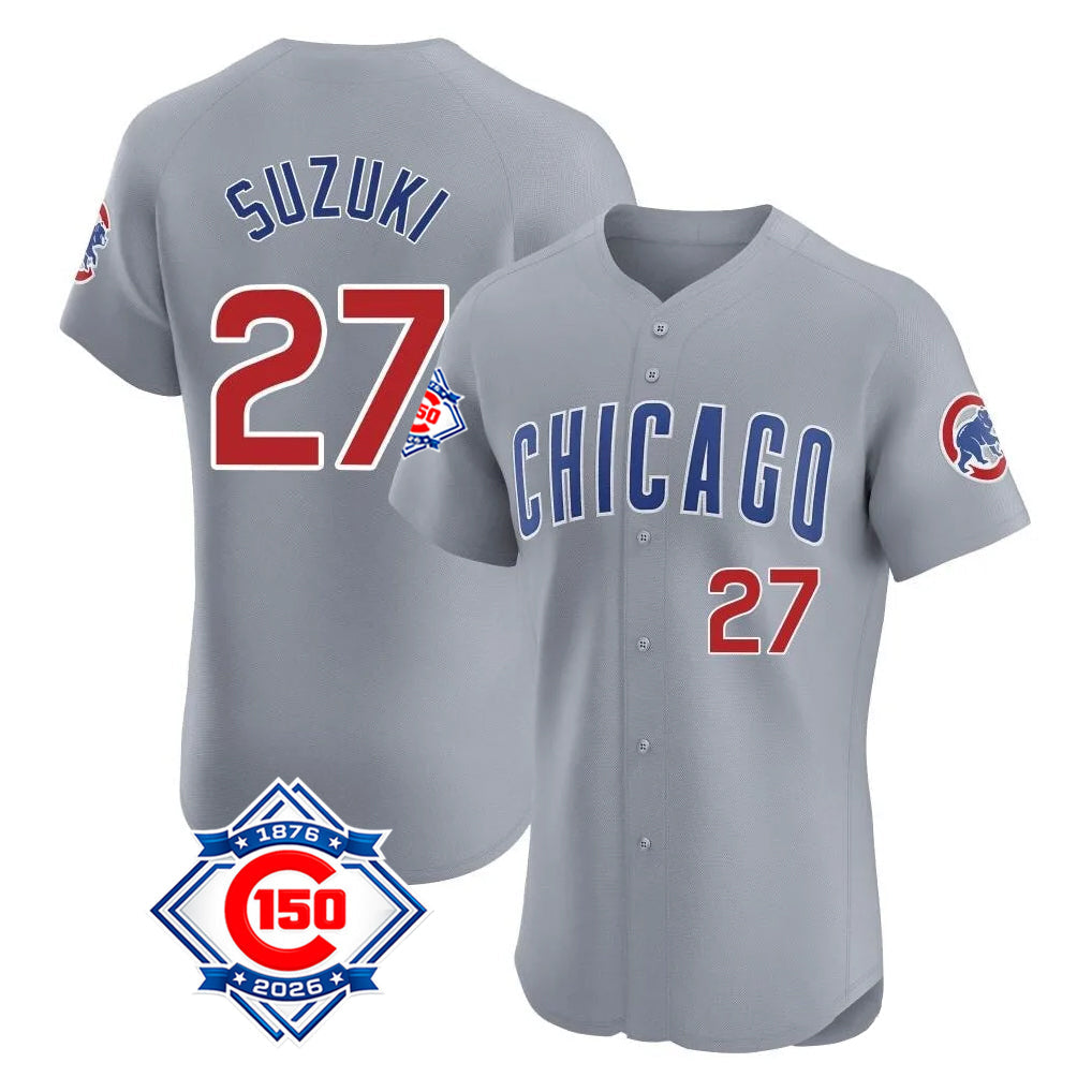 Punc C.Cubs #27 Seiya Suzuki Player Gray Road 150th Anniversary Limited Elite Home Stitched Jerseys