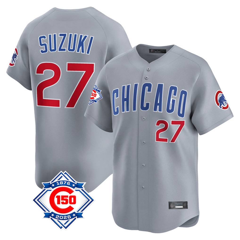 Punc C.Cubs #27 Seiya Suzuki Player Gray Road 150th Anniversary Limited Home Stitched Jerseys