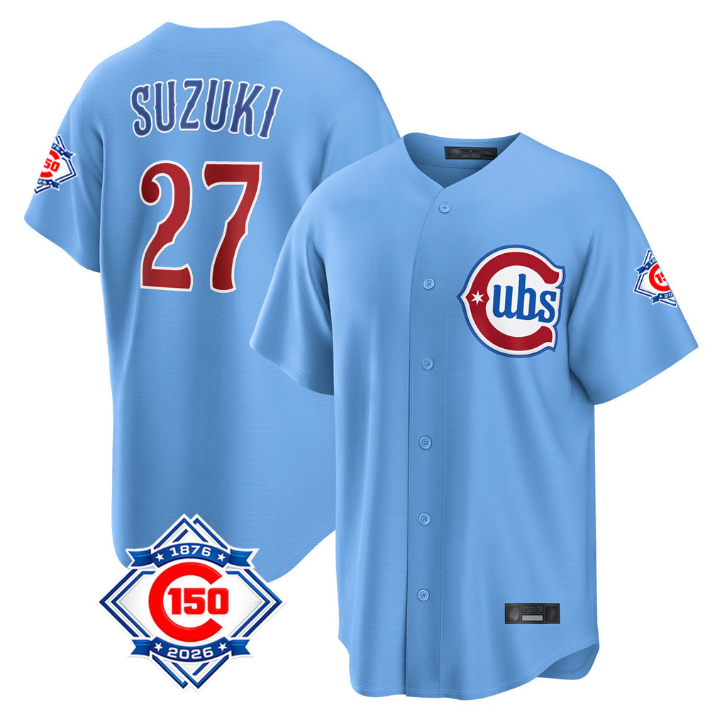 Punc C.Cubs #27 Seiya Suzuki Player Light Blue 150th Anniversary Home Game Stitched Jerseys