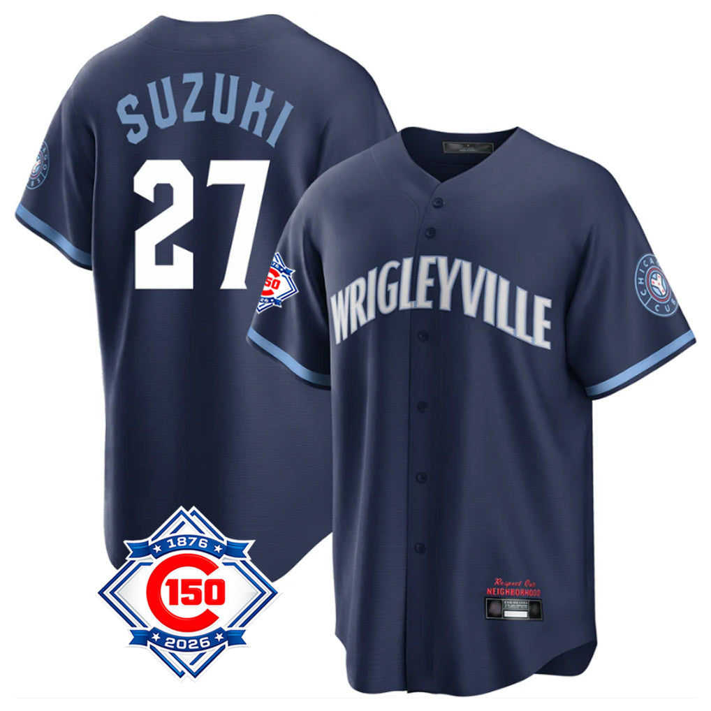 Punc C.Cubs #27 Seiya Suzuki Player Navy 150th Anniversary City Connect Home Game Stitched Jerseys
