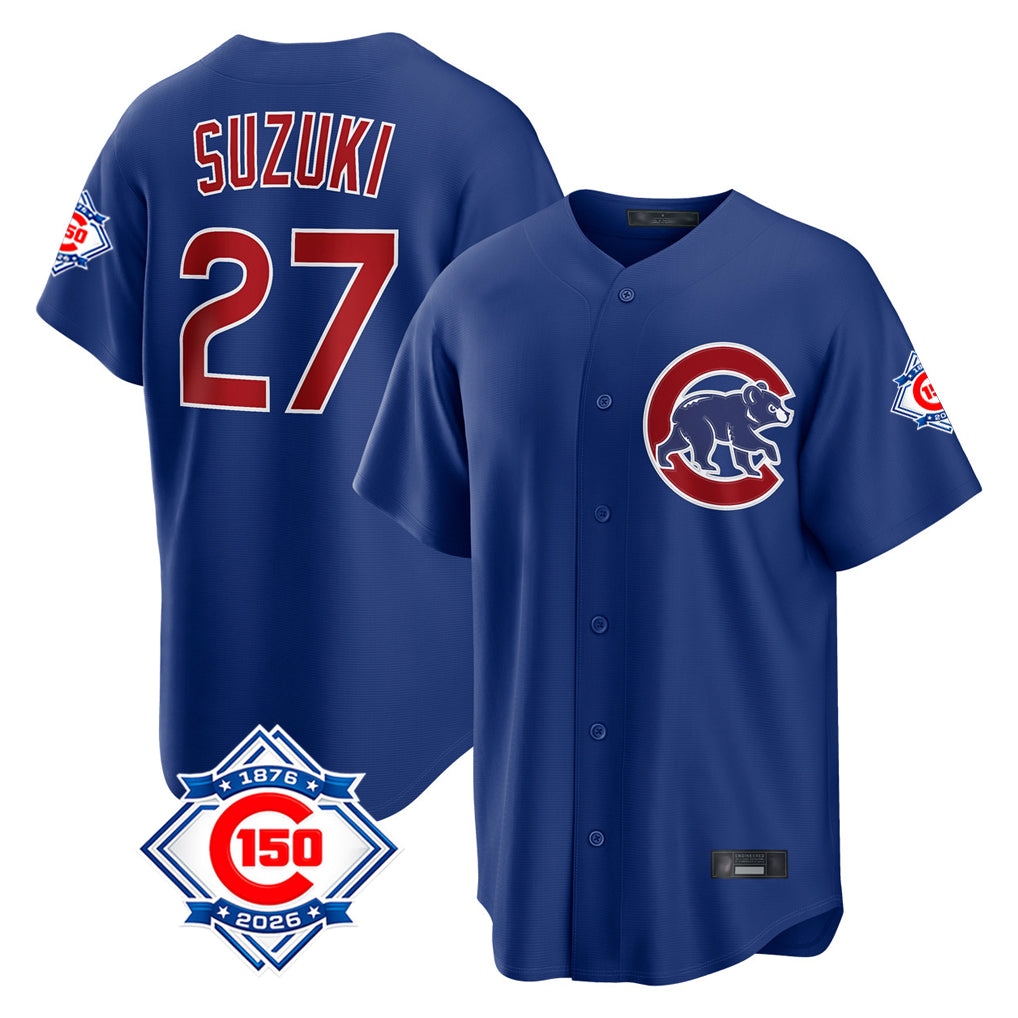 Punc C.Cubs #27 Seiya Suzuki Player Royal 150th Anniversary Home Game Stitched Jerseys