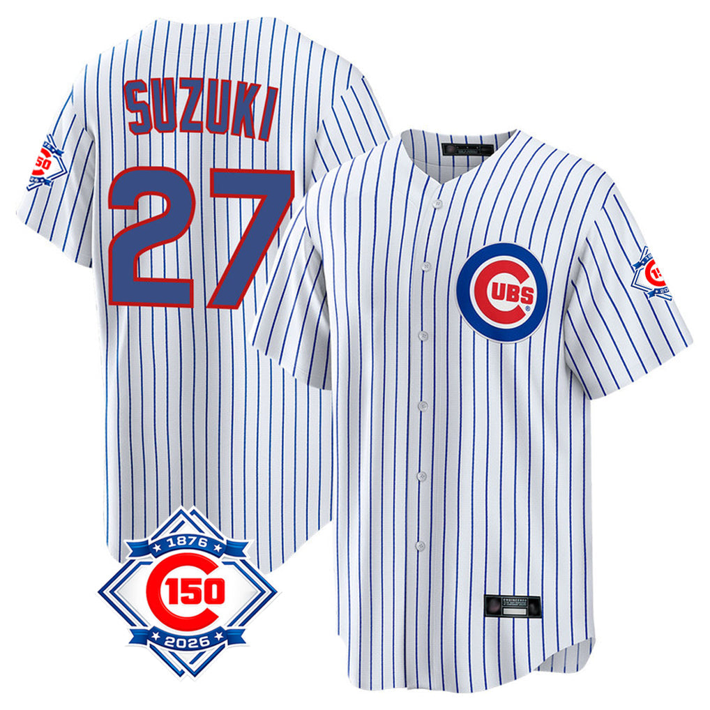 Punc C.Cubs #27 Seiya Suzuki Player White 150th Anniversary Home Game Stitched Jerseys