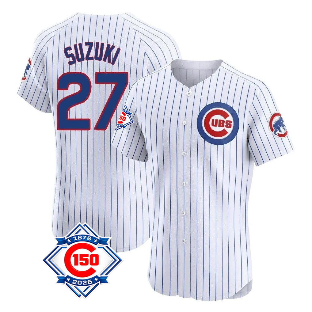 Punc C.Cubs #27 Seiya Suzuki Player White 150th Anniversary Limited Elite Home Game Stitched Jerseys
