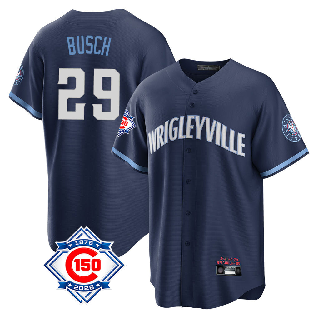 Punc C.Cubs #29 Michael Busch Player Navy 150th Anniversary City Connect Home Game Stitched Jerseys