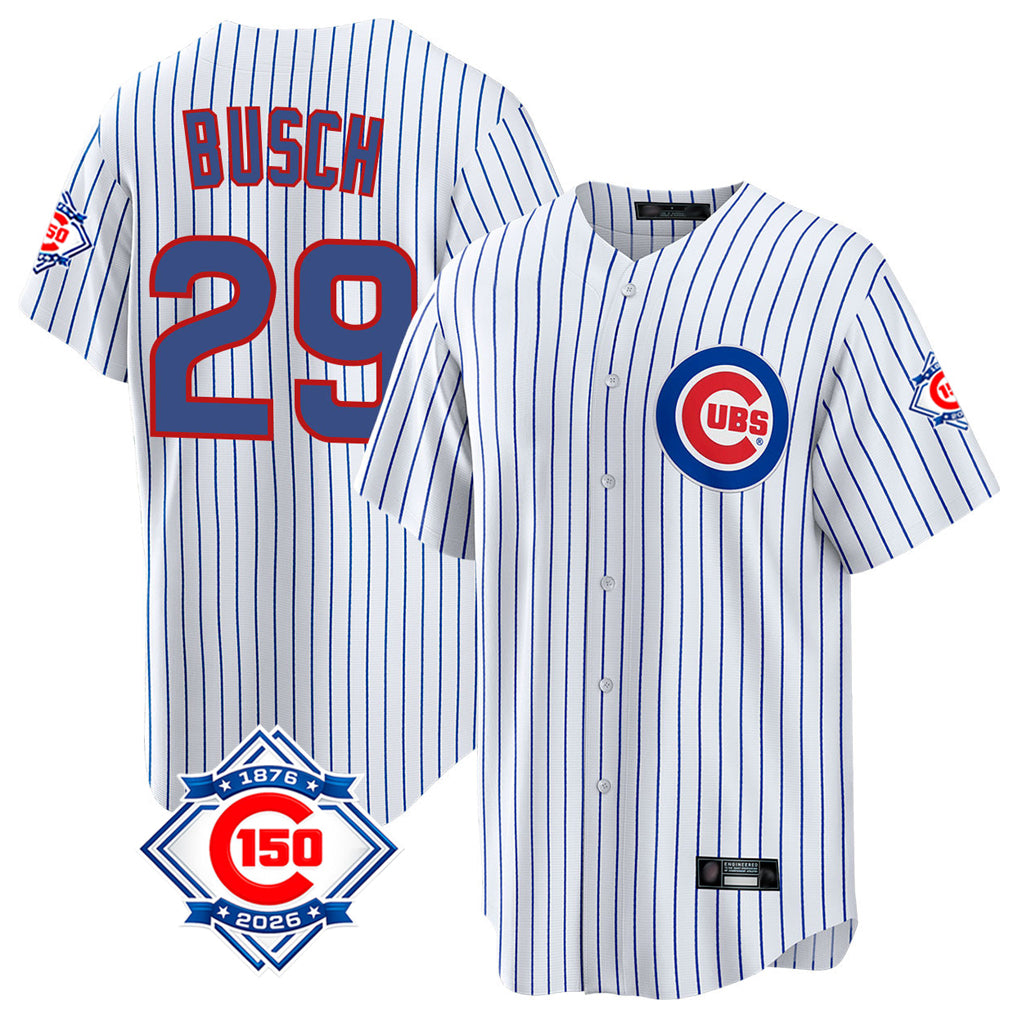 Punc C.Cubs #29 Michael Busch Player White 150th Anniversary Home Game Stitched Jerseys