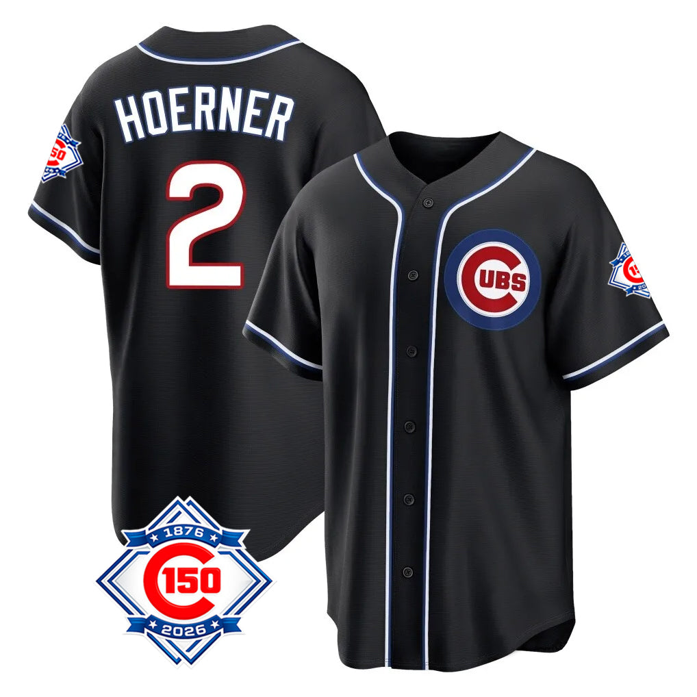 Punc C.Cubs #2 Nico Hoerner Player Black Fashion Out 150th Anniversary Game Stitched Jerseys