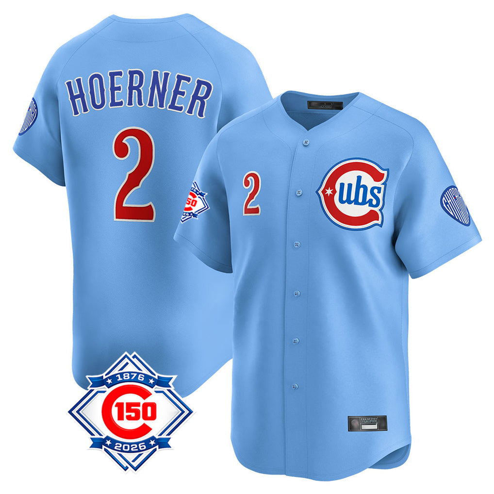 Punc C.Cubs #2 Nico Hoerner Player Light Blue 150th Anniversary Limited Home Stitched Jerseys