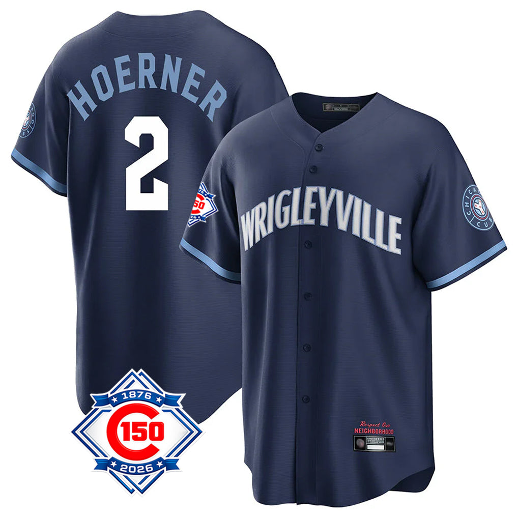 Punc C.Cubs #2 Nico Hoerner Player Navy 150th Anniversary City Connect Home Game Stitched Jerseys