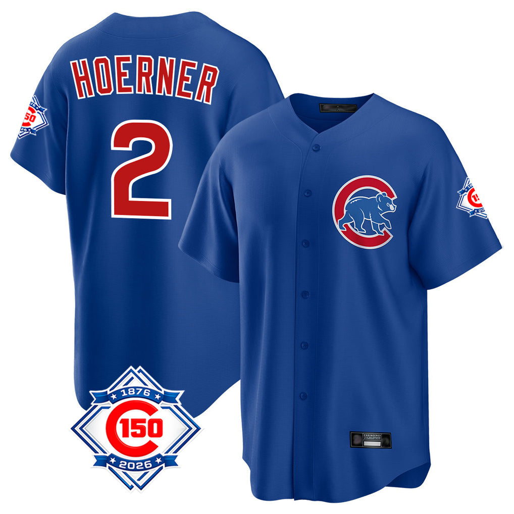 Punc C.Cubs #2 Nico Hoerner Player Royal 150th Anniversary Home Game Stitched Jerseys