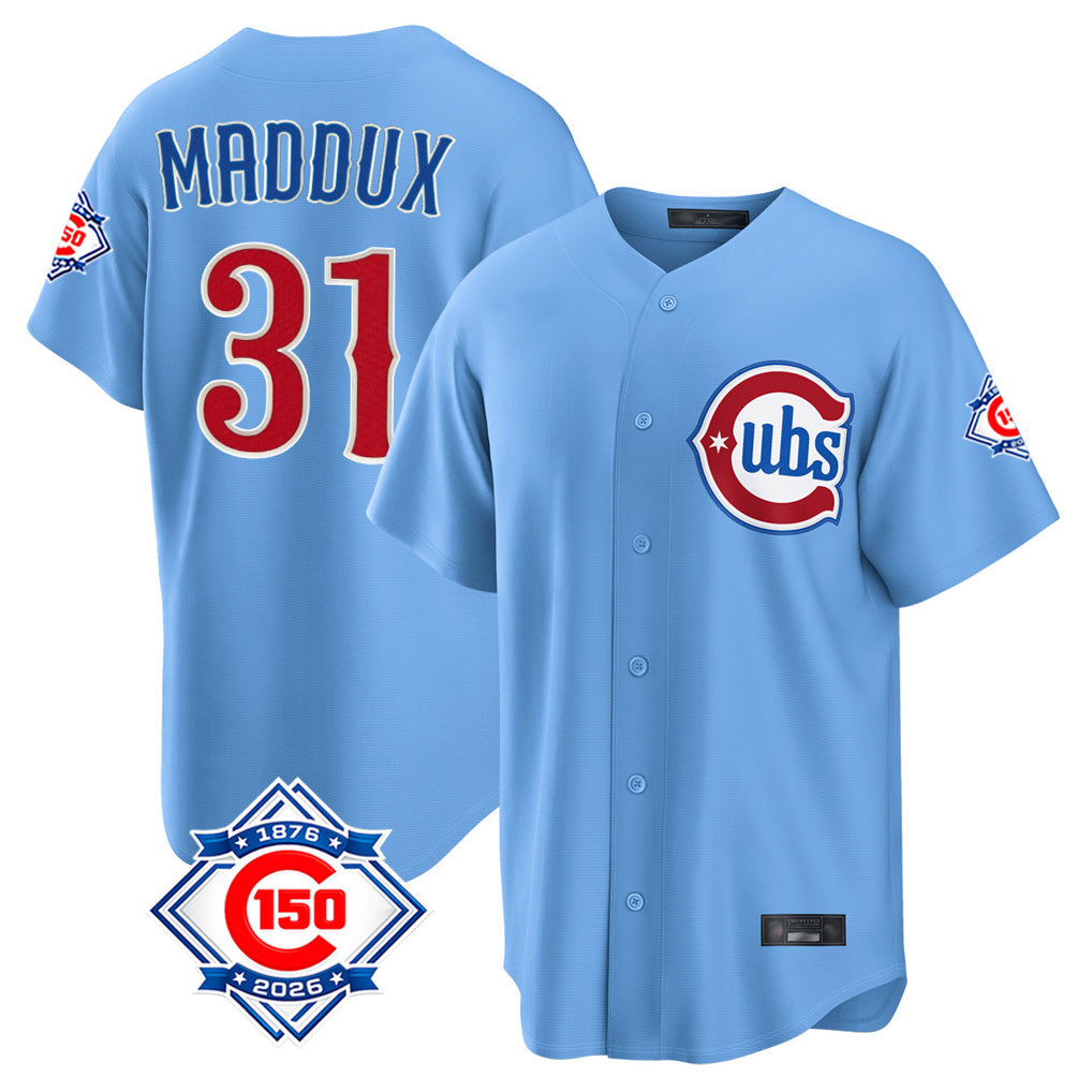 Punc C.Cubs #31 Greg Maddux Player Light Blue 150th Anniversary Home Game Stitched Jerseys