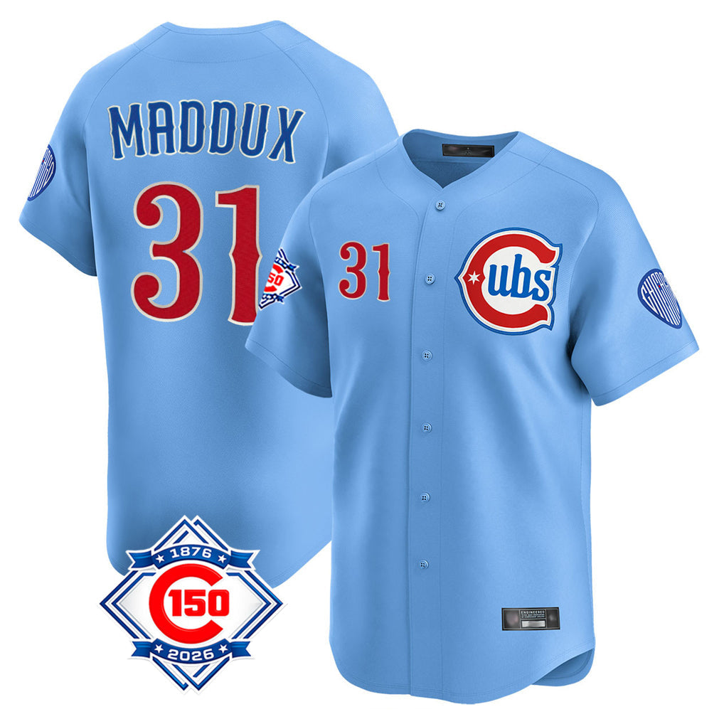 Punc C.Cubs #31 Greg Maddux Player Light Blue 150th Anniversary Limited Home Stitched Jerseys