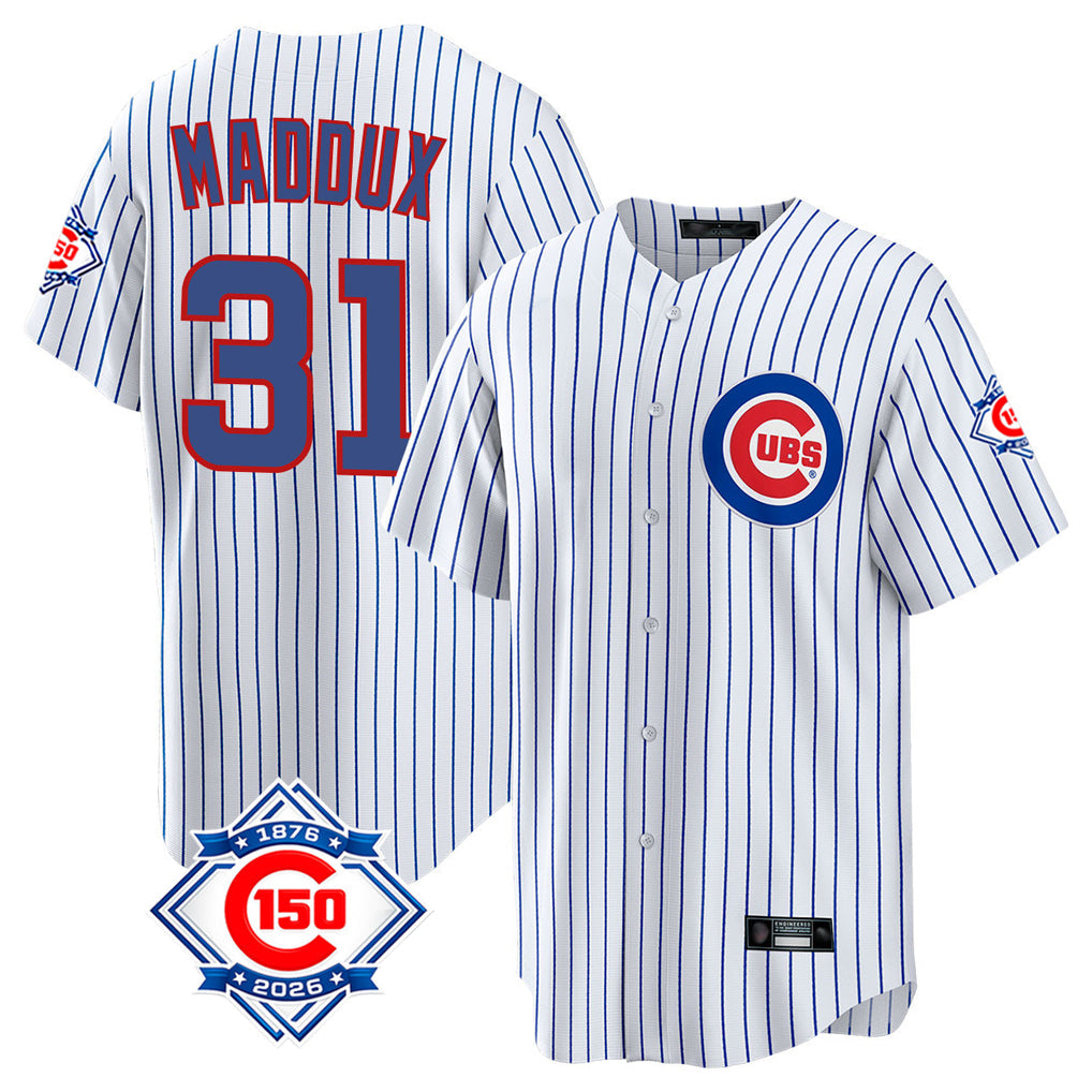 Punc C.Cubs #31 Greg Maddux Player White 150th Anniversary Home Game Stitched Jerseys