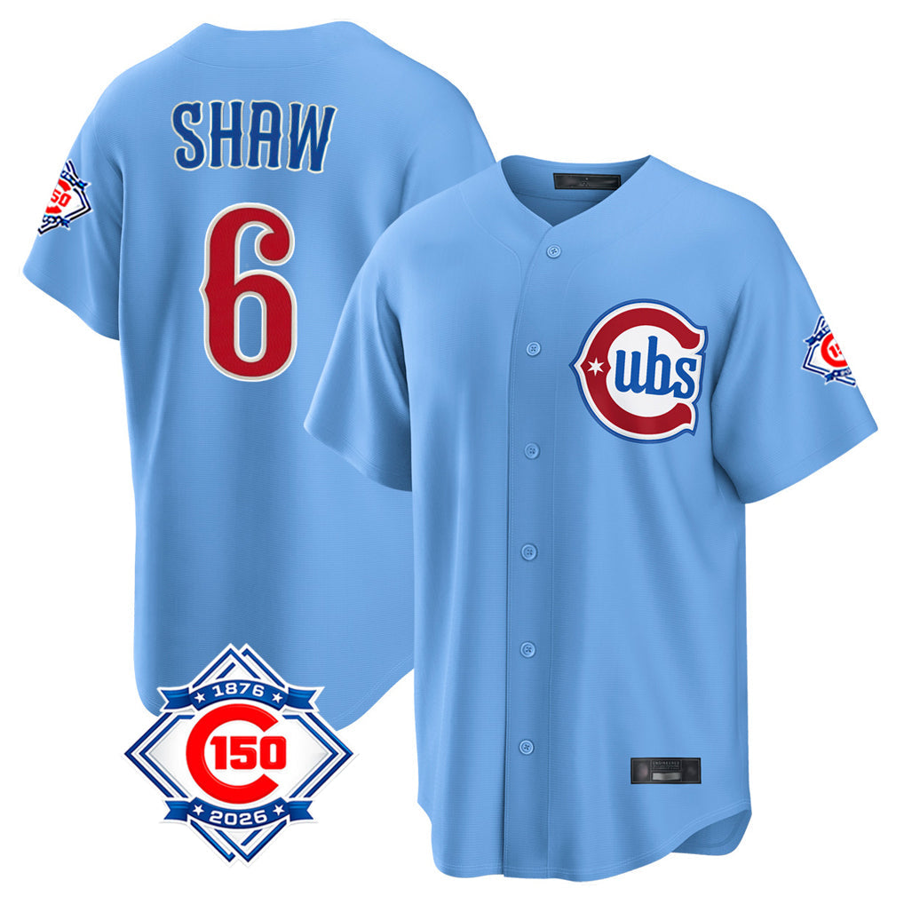 Punc C.Cubs #6 Matt Shaw Player Light Blue 150th Anniversary Home Game Stitched Jerseys