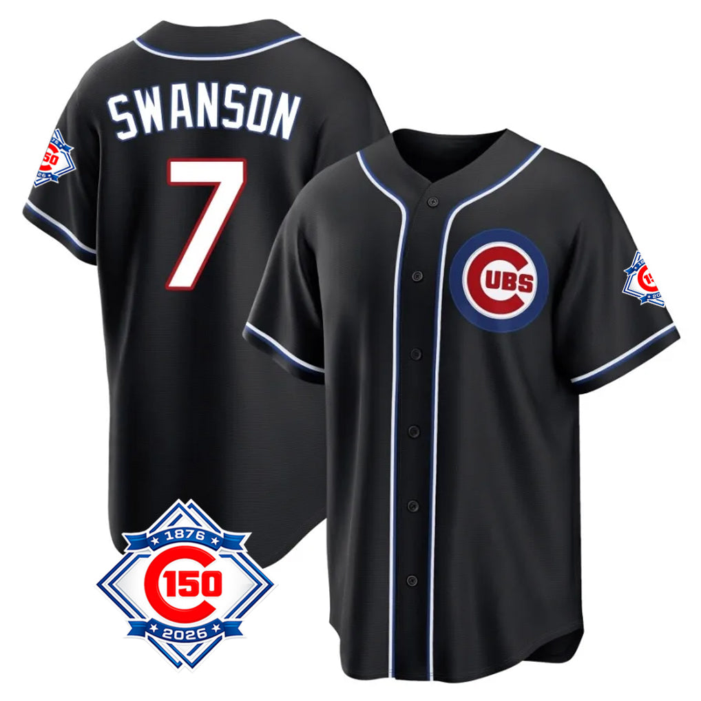 Punc C.Cubs #7 Dansby Swanson Player Black Fashion Out 150th Anniversary Game Stitched Jerseys