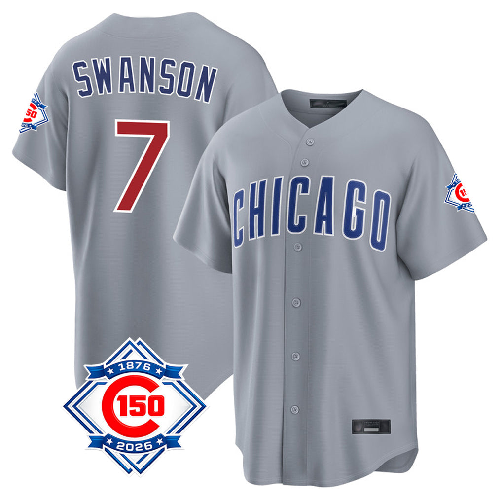 Punc C.Cubs #7 Dansby Swanson Player Gray 150th Anniversary Home Game Stitched Jerseys