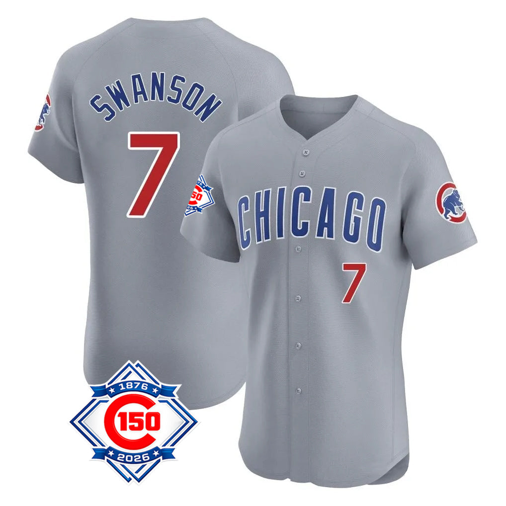 Punc C.Cubs #7 Dansby Swanson Player Gray Road 150th Anniversary Limited Elite Home Stitched Jerseys