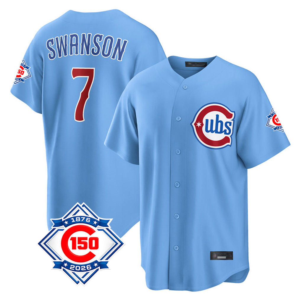 Punc C.Cubs #7 Dansby Swanson Player Light Blue 150th Anniversary Home Game Stitched Jerseys