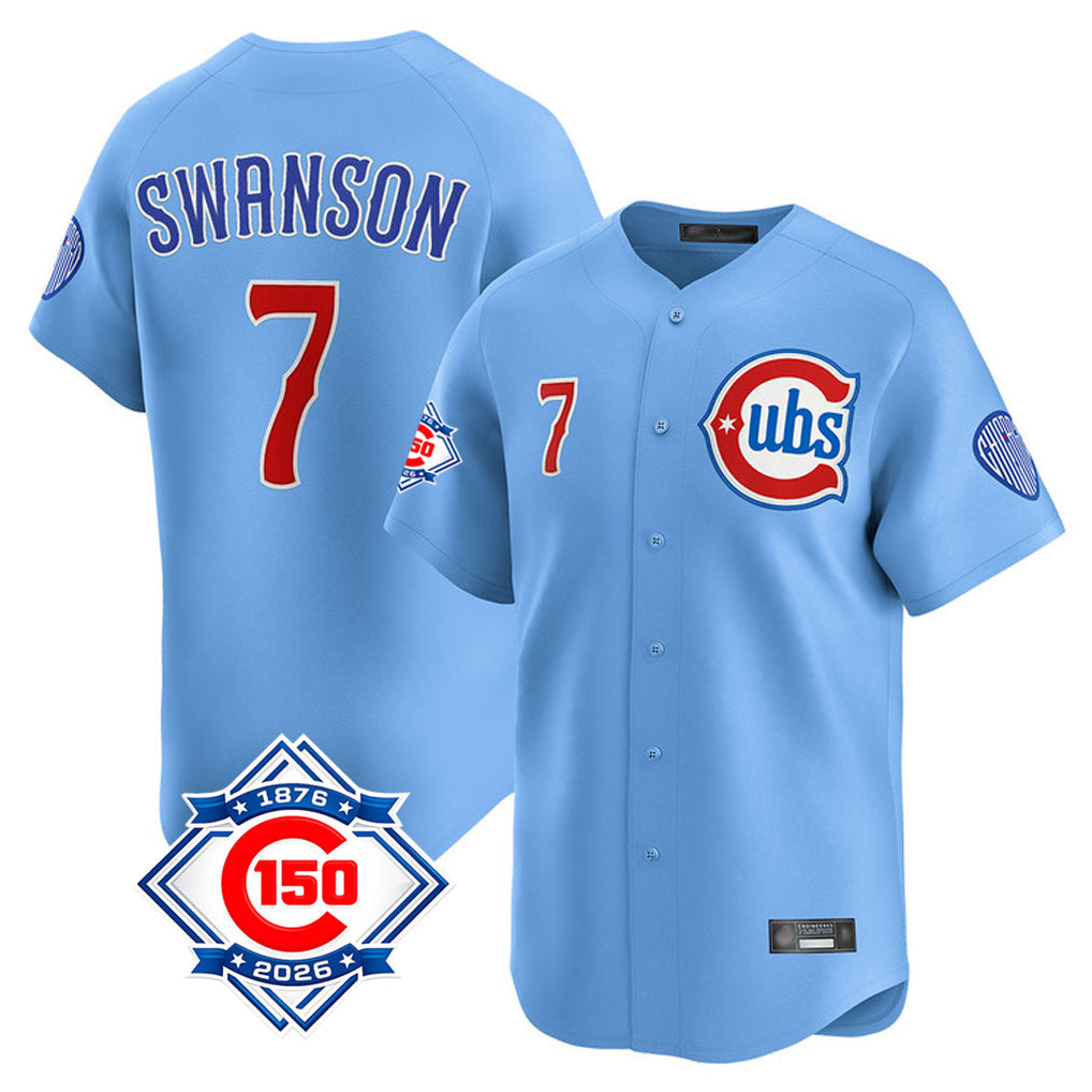 Punc C.Cubs #7 Dansby Swanson Player Light Blue 150th Anniversary Limited Home Stitched Jerseys
