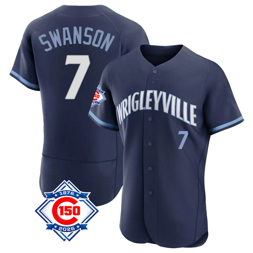 Punc C.Cubs #7 Dansby Swanson Player Navy City Connect 150th Anniversary Limited Elite Home Stitched Jerseys