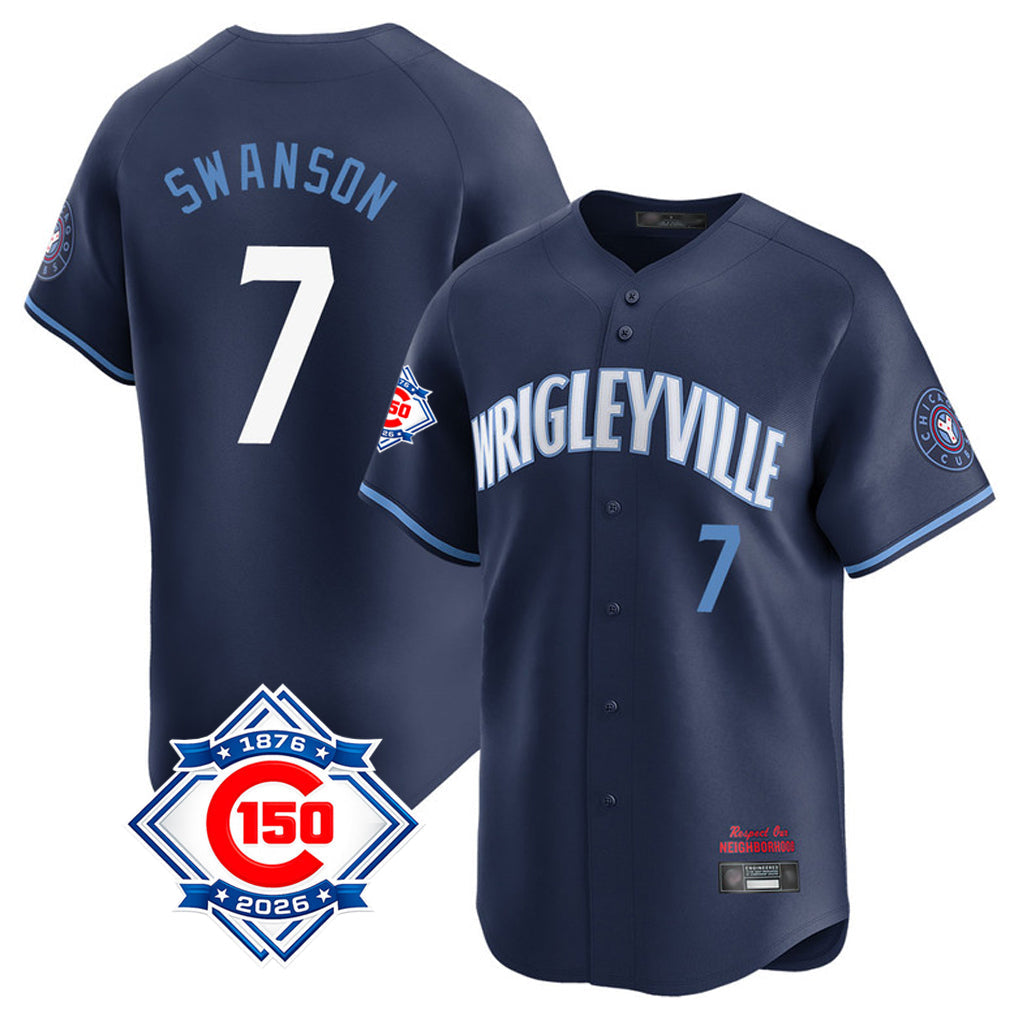Punc C.Cubs #7 Dansby Swanson Player Navy City Connect 150th Anniversary Limited Home Stitched Jerseys