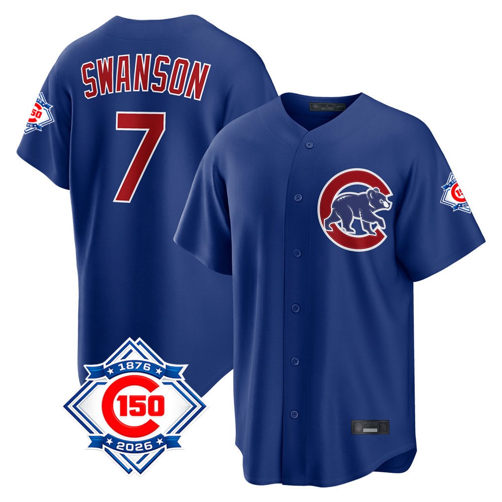 Punc C.Cubs #7 Dansby Swanson Player Royal 150th Anniversary Home Game Stitched Jerseys