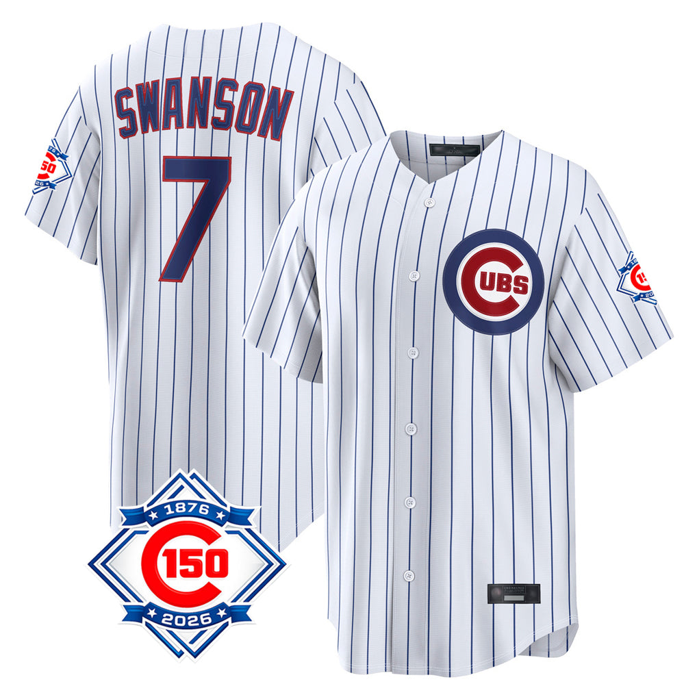 Punc C.Cubs #7 Dansby Swanson Player White 150th Anniversary Game Home Stitched Jerseys